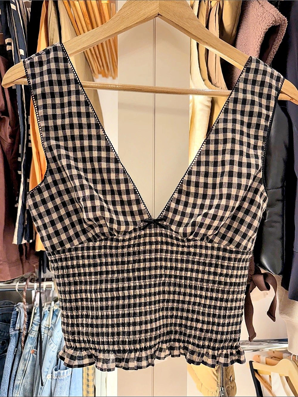 NIA Bleu Top Gingham Crop Top Black & Tan Small NWT